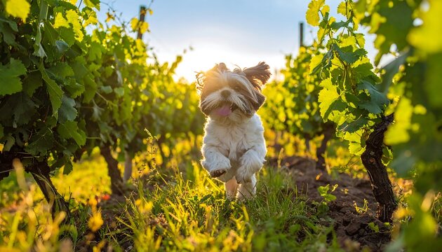 A small, fluffy dog bounds joyfully towards the camera through a vineyard bathed in warm sunlight. The golden light highlights the plants