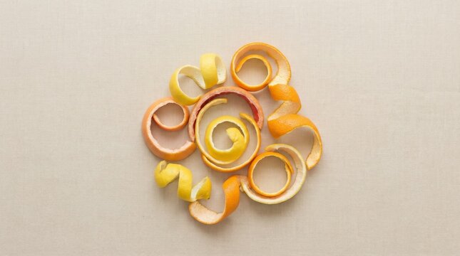 Minimalist flat lay: Abstract arrangement of curled orange and lemon citrus peels on a light beige linen background