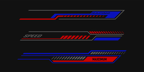 Car race stripes set. Automobile identity. Vehicle marking elements for transport modifying. Speed lines, racing tuning strips or car stickers. Vector illustration isolated on black background © Zafran