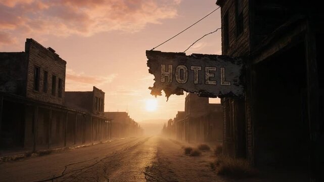 A dilapidated hotel sign hangs over a deserted street in a abandoned western town at sunset
