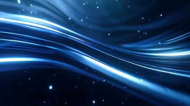 Glowing blue waves flow through a starry night sky with a dark background and bright streaks of light moving swiftly across the scene.