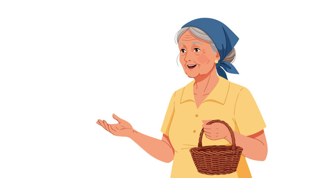 An elderly woman wearing a headscarf and yellow shirt carries a woven basket