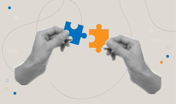 Modern  halftone collage human hands connecting jigsaw puzzle together,business success concept,modern collage elements cut out from paper