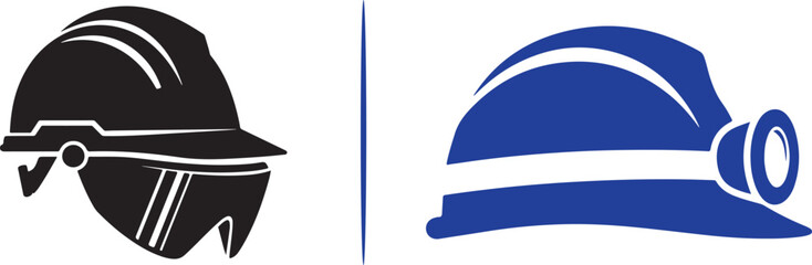 Dual-tone vector icons of a black hard hat with integrated safety goggles and a blue miner's helmet with a mounted headlamp. Represents essential head protection for construction and mining. © Muhammad