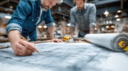 Fototapeta premium Architects rolling out a large blueprint on a table, measuring with ruler, project planning interaction 