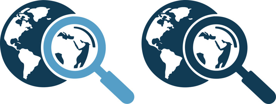 Magnifying glasses examining global maps on earth icons in blue tones