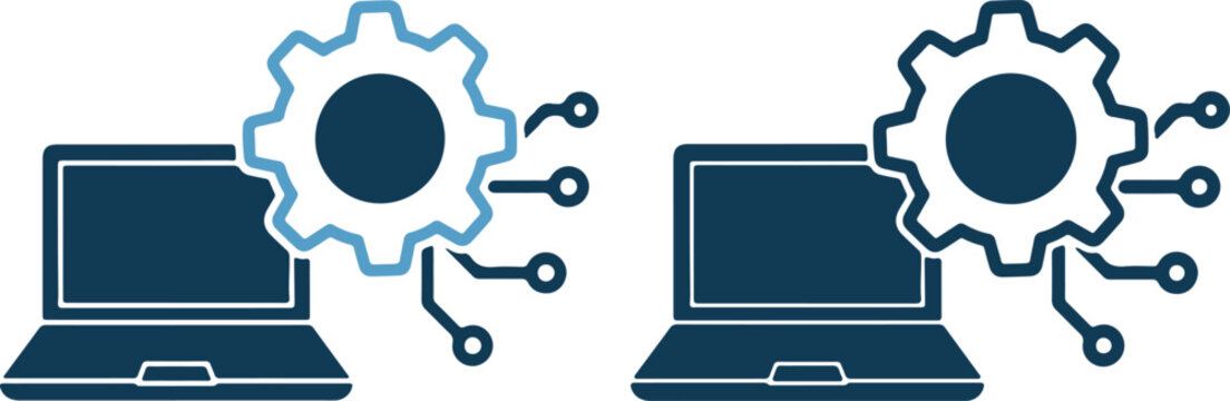 Two laptops with gears and cogs on for technology concept