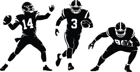 American football player silhouettes in action poses, quarterback passing, running back sprinting, and defender stance, isolated black figures on white background sports illustration