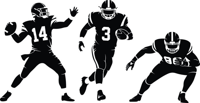 American football player silhouettes in action poses, quarterback passing, running back sprinting, and defender stance, isolated black figures on white background sports illustration