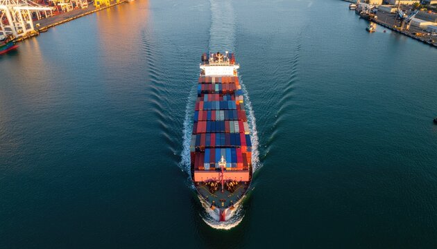 Aerial View of Cargo Ship Navigating Through Busy Port Waters