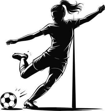 Female soccer player silhouette kicking ball in action, football corner kick scene, dynamic sports illustration, athletic woman training, competition and active lifestyle concept
