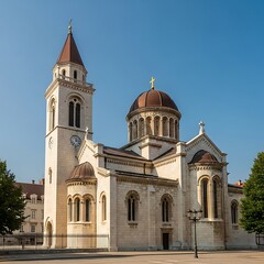 Obraz premium Elegant Church Architecture with Tower and Dome.