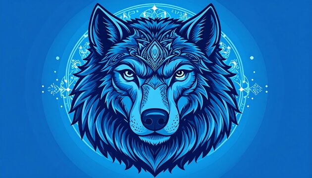 A stylized illustration features a blue wolf head with intricate details. A celestial pattern surrounds the animal