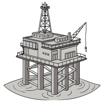 An illustration of an offshore oil rig platform with a crane and derrick