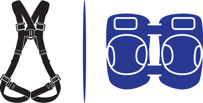Industrial safety vector set featuring a black full-body fall arrest harness and blue protective knee pads. Essential gear for high-altitude work and ergonomic joint protection on site.