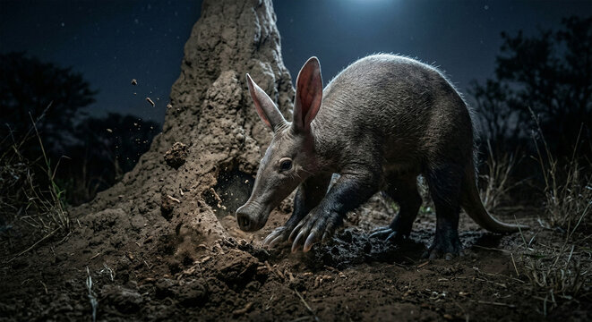 &nbsp;A hyper-realistic, low-angle shot of an aardvark using its powerful claws to tear into a towering termite mound at night. Dust and debris are frozen in mid-air. The scene is lit by a single, dramatic