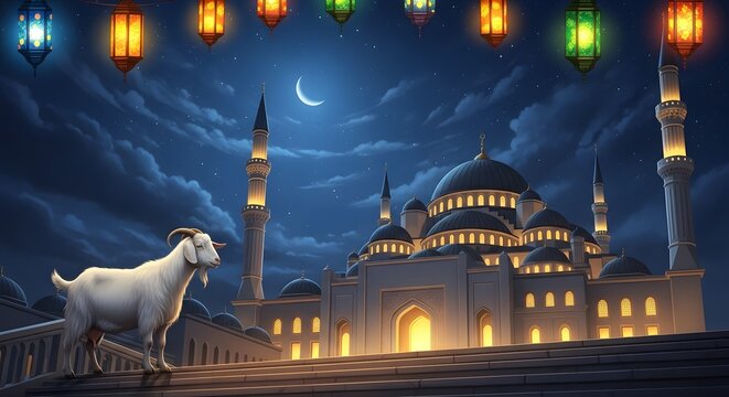 Eid al adha Mubarak wishes beautiful mosque and goat under crescent moon
