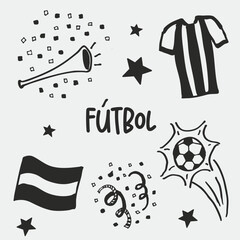 Mundial de futbol, pelota, copa, bandera, bubucela, camiseta argentina, doodles, set de iconos © SofiaMartina