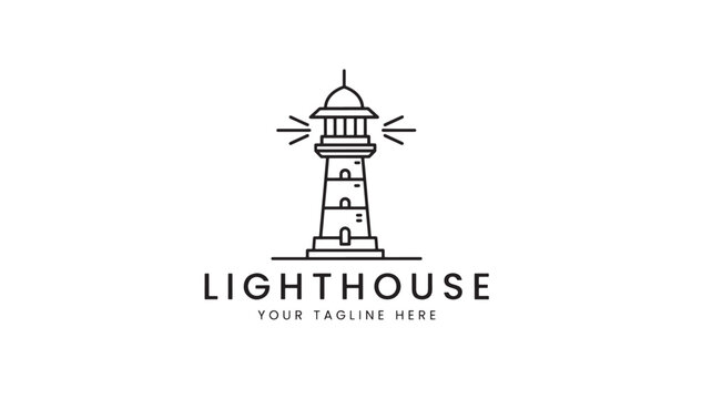 Lighthouse logo in a minimalist outline style, featuring a beacon emitting light rays for marine navigation safety and guidance