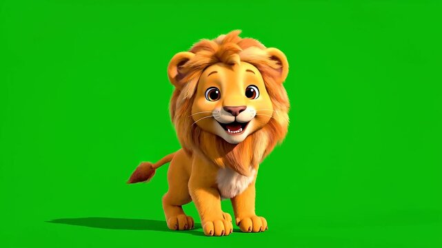 A cute 3D cartoon lion with a green screen background, presented in a loop. Great for animations, children's content, and educational materials.