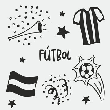Mundial de futbol, pelota, copa, bandera, bubucela, camiseta argentina, doodles, set de iconos