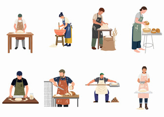 Fototapeta premium Set of flat illustrations featuring diverse bakers kneading, mixing, and preparing fresh bread, dough, and pastries in a professional kitchen setting.