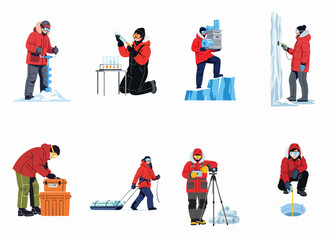Set of polar scientists and explorers conducting scientific research and fieldwork in extreme arctic or antarctic environments with specialized equipment. © Akira