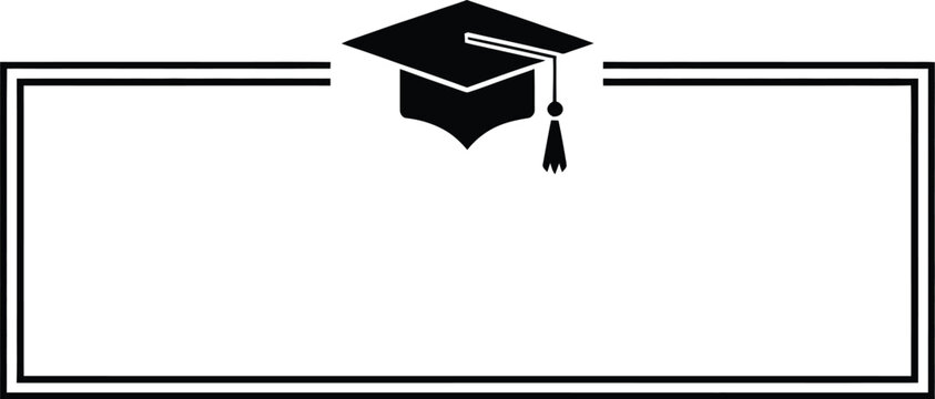 Graduation cap frame illustration, centered graduation cap at the top of a horizontal rectangular frame with minimal design for academic theme and celebration layout.