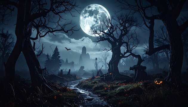A spooky, moonlit forest scene with gnarled trees, a winding path, and a distant silhouette. A glowing pumpkin and bats are visible
