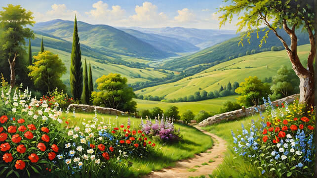 H&uuml;gelige Landschaft mit Blumenfeldern und Zypressen