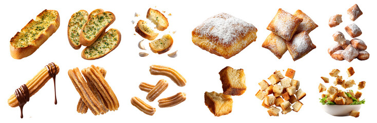 Set of 4 fried baked bread bun, Croutons, Churro fritters, Beignet donuts doughnut, Garlic butter herb bread, stack pile slice broken, transparent cutout PNG. Many different mockup