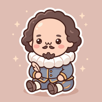 William Shakespeare in the style of kawaii in a costume of the era. A seated hero with a collar and beard, simplified cartoon illustration.
