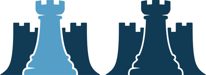 Blue and dark blue chess pieces on, rook and king silhouettes © PrimeVisuals