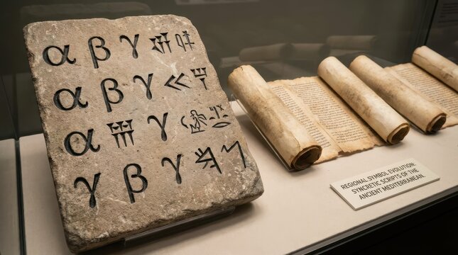 Ancient Stone Tablet and Scrolls Displaying Historic Writing Systems