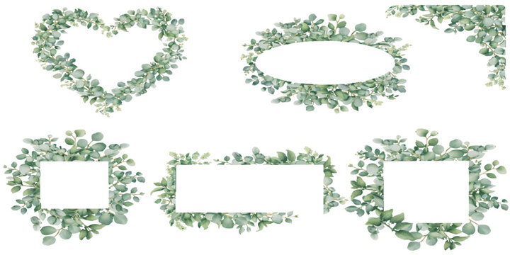 Vector illustration set of green floral frames and leaves featuring nature patterns with plant ornaments and an alphabet letter 8 sign for holiday celebration art decoration