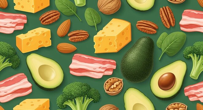 Ketogenic diet food ingredients on green background