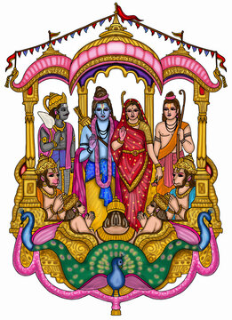 hand drawn digital art of lord sitaran & others In pushpak vimana
