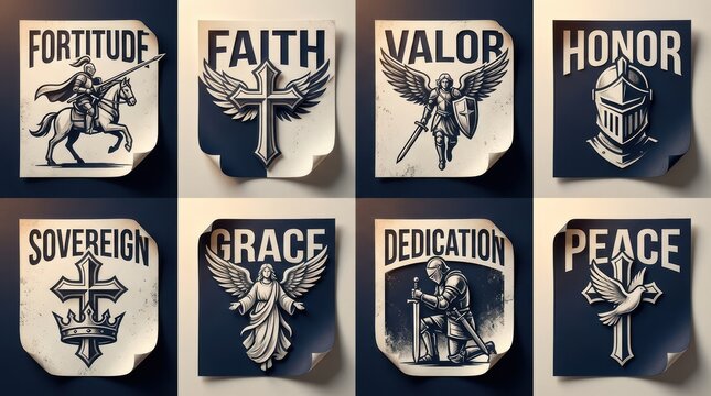 Artistic Representation of Virtues Including Fortitude Faith Valor Honor and More on Dark Background