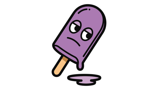 A melting purple cartoon popsicle with a sad face and stick