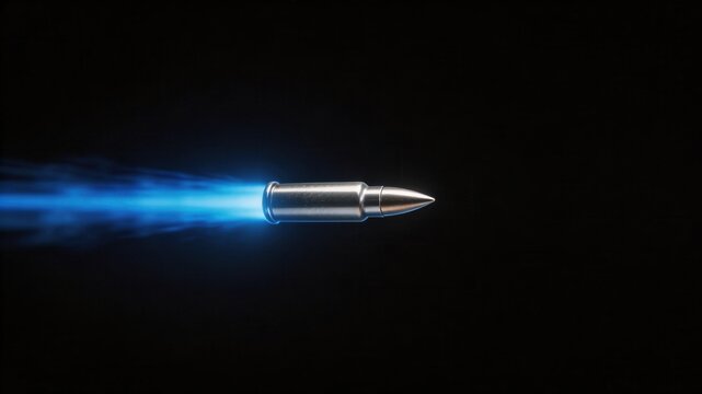 Bullet in Motion: A silver bullet streaks across a stark backdrop, leaving a captivating blue trail that captures a sense of speed and impending action.