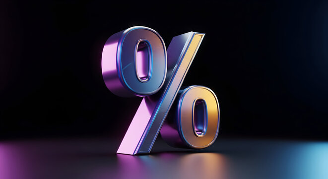 A shiny 3d percentage sign with a colorful gradient effect on a dark background