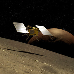 Artist Depiction (3d illustration) of the Japanese Space Agency (JAXA) Martian Moons Exploration Mission (MMX) Lander over the Martian moon Phobos. © Raymond