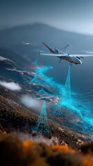 Naklejka premium A squadron of unmanned aerial vehicles (UAVs) gracefully navigate a mountainous terrain. Drones scan the landscape. ..Created with Generative AI, not depicting real subjects.