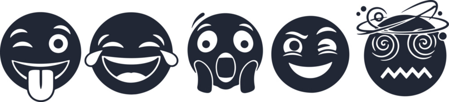 Set of five black and white emoji icons showing different facial expressions and emotions