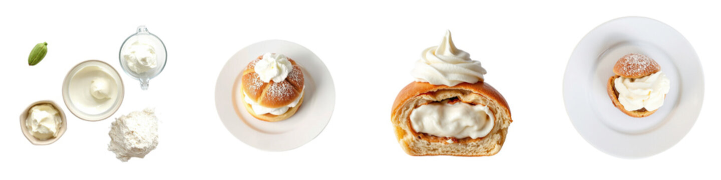 set of pictures for Traditional Swedish semla cardamom bun filled with almond paste and whipped cream