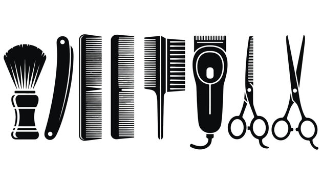A set of barber tools and equipment in black silhouette illustration