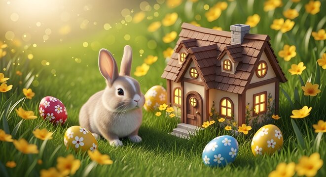 Cute easter bunny sitting in a grassy field with a miniature house and colorful decorated easter eggs