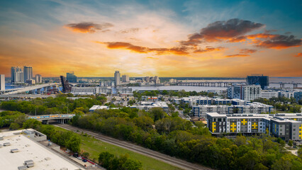 Fototapeta premium aerial shot of skyscrapers and office buildings in the skyline in Jacksonville Florida USA