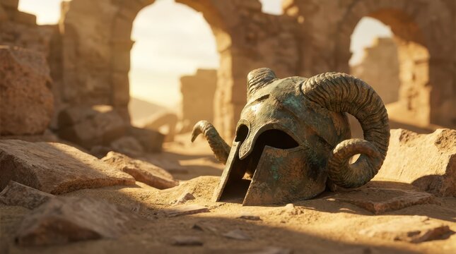 Ancient Ram Horned Helmet on Desert Landscape with Stone Ruins