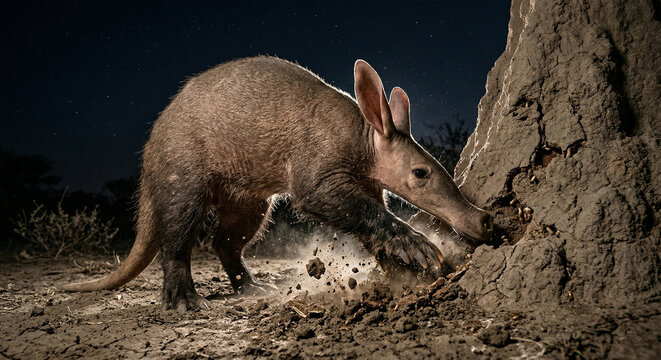 A hyper-realistic, low-angle shot of an aardvark using its powerful claws to tear into a towering termite mound at night. Dust and debris are frozen in mid-air. The scene is lit by a single, dramatic 